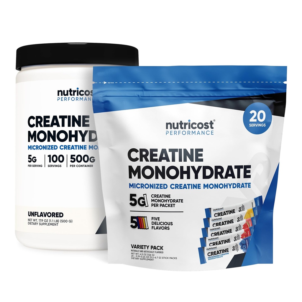 Nutricost Micronized Kretine Monohidrat 500 Grams ve 20 Stickpacks (Variety)