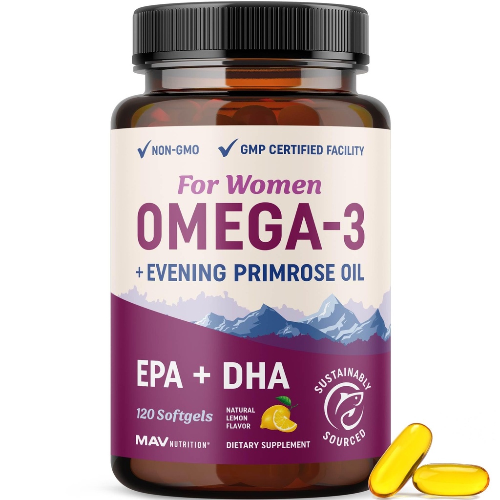 Fish Oil Omega 3 Supplements for Women | DHA + EPA | Kalp Sağlığı, Hormon Dengesi, Skin & Wellness Desteği | 600MG Omega3 + 800MG Evening Primrose Oil | Omega 3 Supplement for Women | 120 Ct.