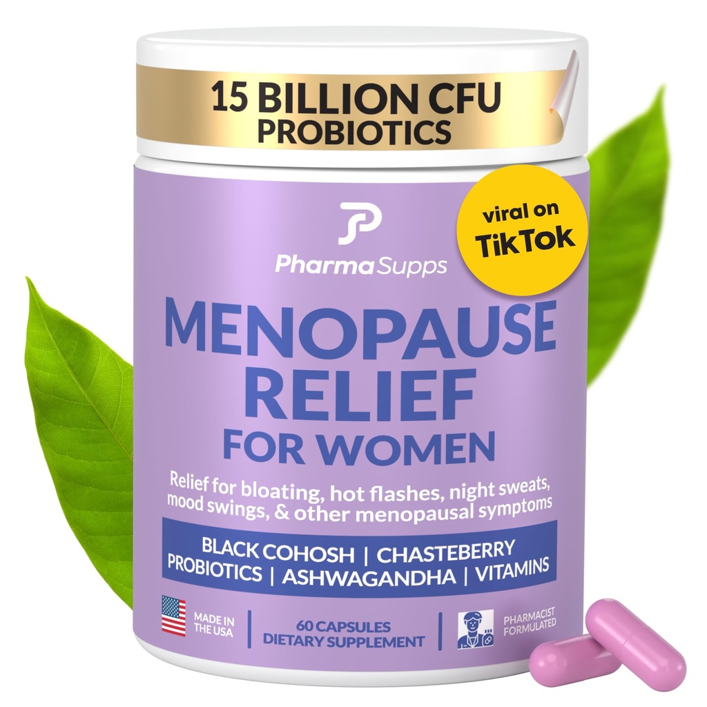 Natural Menopause Supplements for Women - Perimenopause Supplements for Hormonal Balance, Bloating & Mood Swings | Hot Flashes Menopause Relief w/Probiotics & Prebiotics, Black Cohosh & Chasteberry