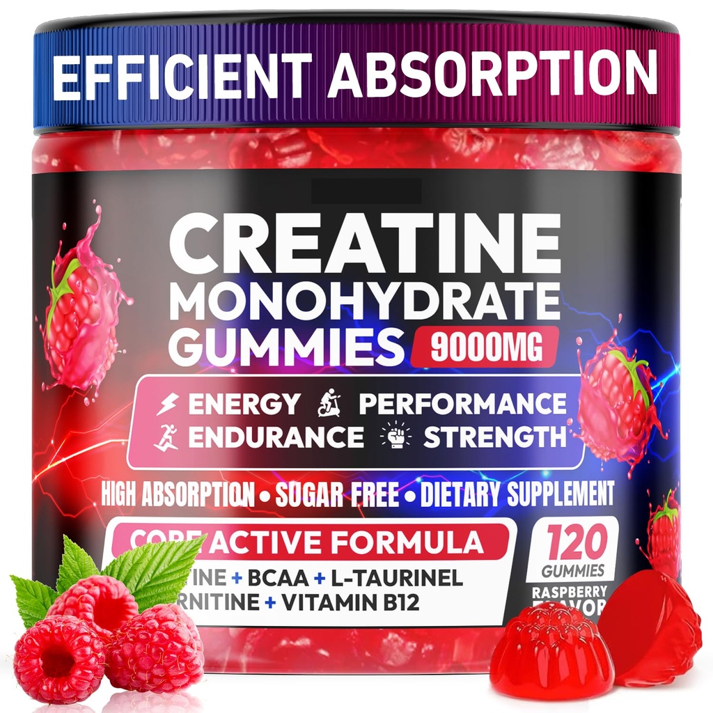 Tinatine Gummies Monohidrat KompleksMG 9000, Erkekler ve Kadınlar için Pre-Workout, L-Taurine ile Kre Gummy, BCAA 2:1, B12/6 Kas Desteği için, Geliştirilmiş Güç, Enerji Boost-120