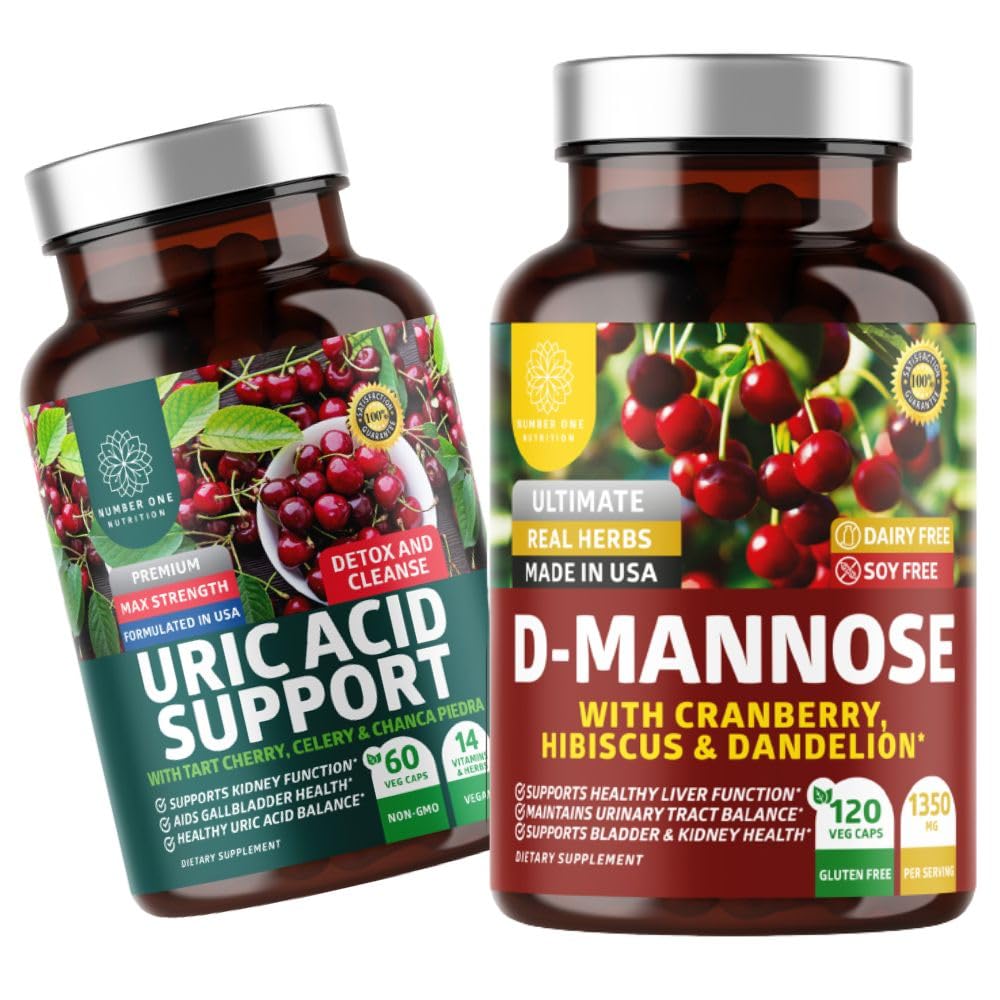 Number One Nutrition N1N Premium D-Mannose with Cranberry & Hibiscus [1350 mg], 120 Capsules, Uric Acid Support with 14 Potent Herbs, 60 Capsules, 2 Pack