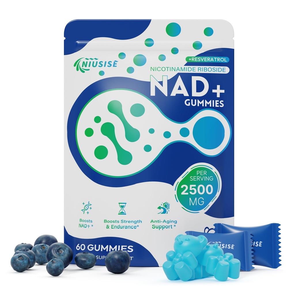 NIUSISE NAD Gummies Sugar Free, NAD+ Supplement with Liposomal Nicotinamide Riboside, Resveratrol, Quercetin, NAD Supplement for Anti-Aging, Energy, Cellular Health, Blueberry Flavor, 60 Gummies