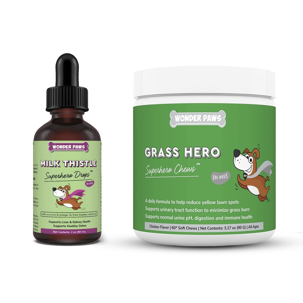 WONDER PAWS Süt Butle Drops Plus Grass Kahramanı Yumuşak Chews - Köpekler Liver ve Kidney Desteği için, Detox & Urinary Tract Health - Milk Thistle 2 Ounces - Grass Hero 60 Chews