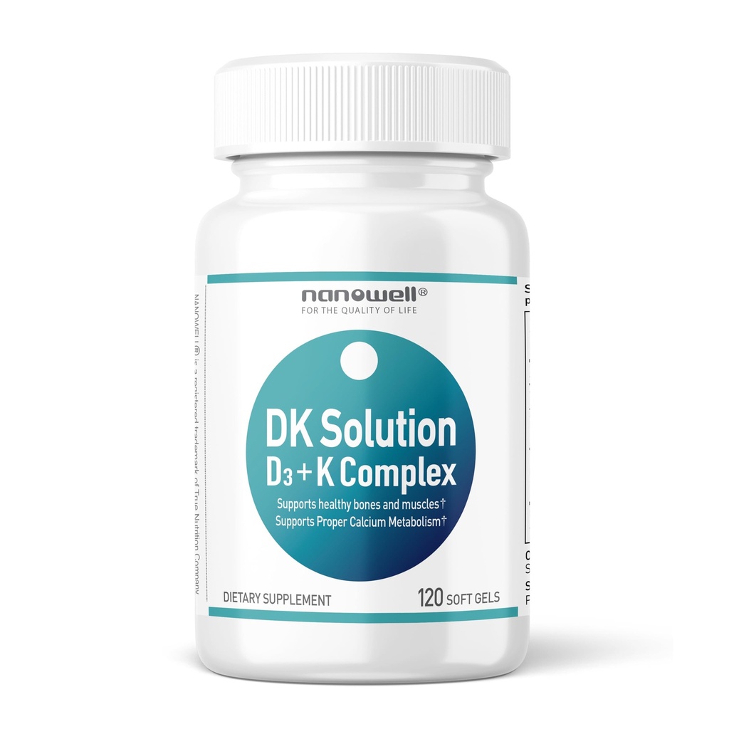 NANOWELL DK Çözüm Vitamin D3 2000 IU (50 mcg) + K Kompleksi - Bone, Muscle ve Immune Health Support - 120 Softgels, 120 Day Supply