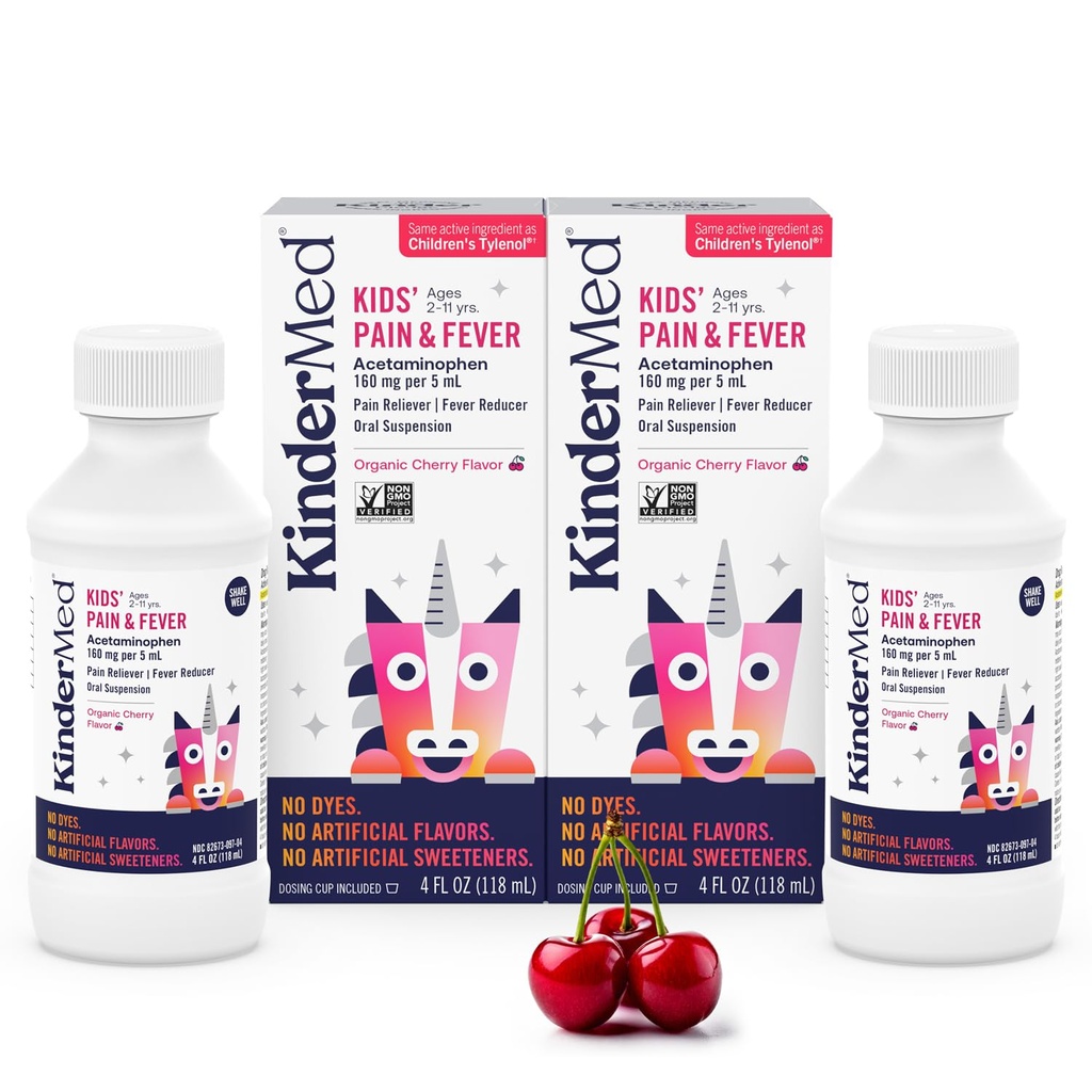 KinderMed Kids' Pain & Fever Medicine, for Ages 2-11 Years, No Dyes, No Artificial Flavors, No Artificial Sweeteners, Vegan, Non-GMO, Gluten Free, Organic Cherry Flavor, Two Pack, 2 x 4 fl. oz