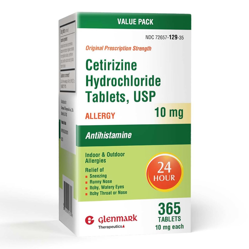 Glenmark Therapeutics 24-Hour Allergy Medicine, 365 Count, Cetirizine HCl USP, Antihistamine for Pollen, Hay Fever, Dry, Itchy Eyes, Allergies, 10mg Tablets