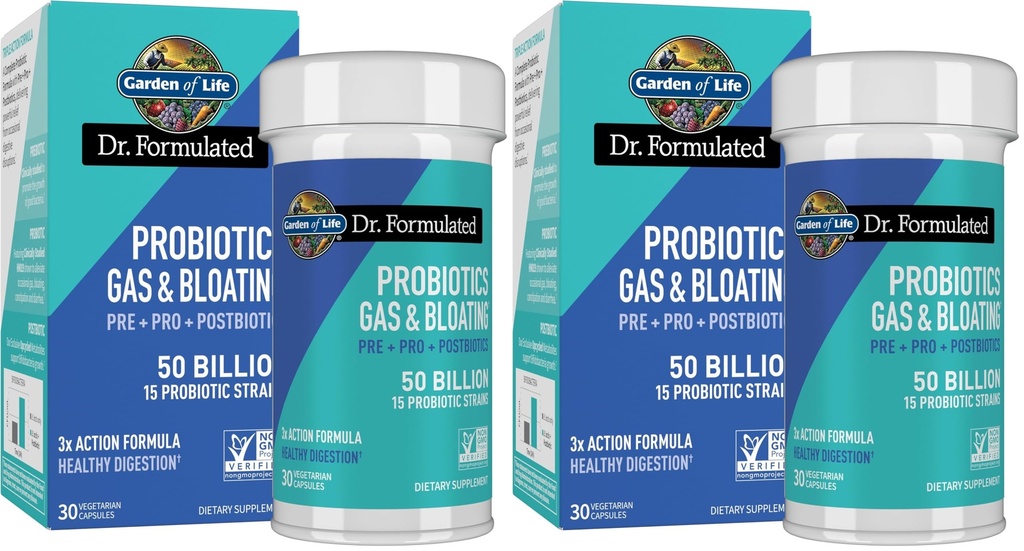 Life Dr. Formulated Pre, Post & Probiyotiks Gas & Bloating Once Daily 3-in-1 Complete Prebiyotiks, Postbiyotiks & Probiyotiks - 50 Milyar CFU, Non-GMO, Gluten-Free, 30 Day Supply, (Pack of 2)