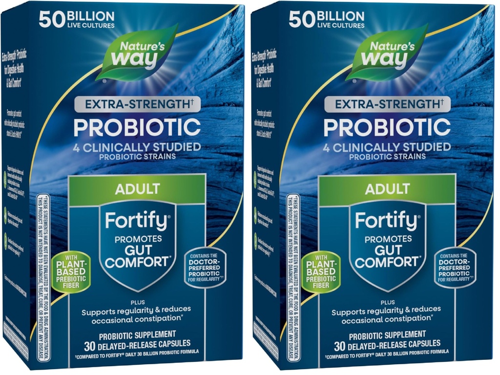 Nature's Way Extra Strength(1) Fortify Probiotic,Probiotics for Digestive Health,Prebiotics,50 Billion Live Cultures,Digestive & Immune Health Support*,30 Capsules,(Pack of 2)