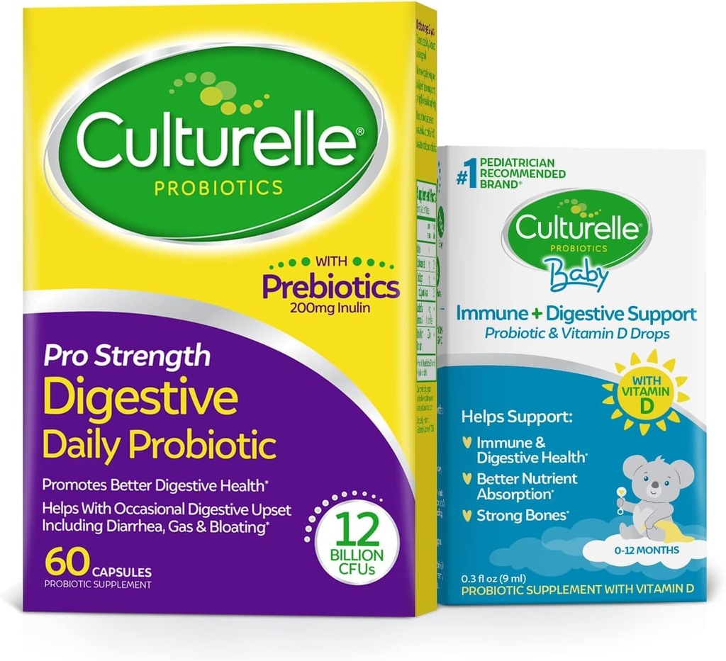 Culturelle Pro Strength Daily Probiyotik Capsules, Probiyotiks for Men & Women 60 Count, 2 ay + Culturelle Baby Immune & Digestive Support Probiyotik + Vitamin D Drops 0-12 Ay, 30 Day Supply, 9 ml