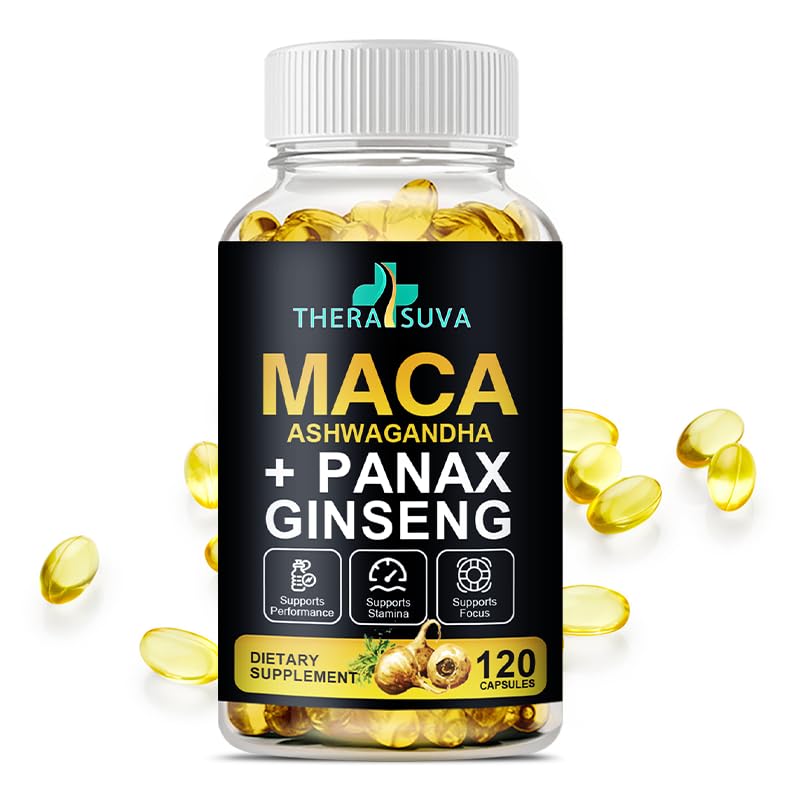 1 Ashwagandha + Maca Root + Panax BTC - Enerji için Doğal Supplement, Stamina ve Stres Desteği, 120 Softgels