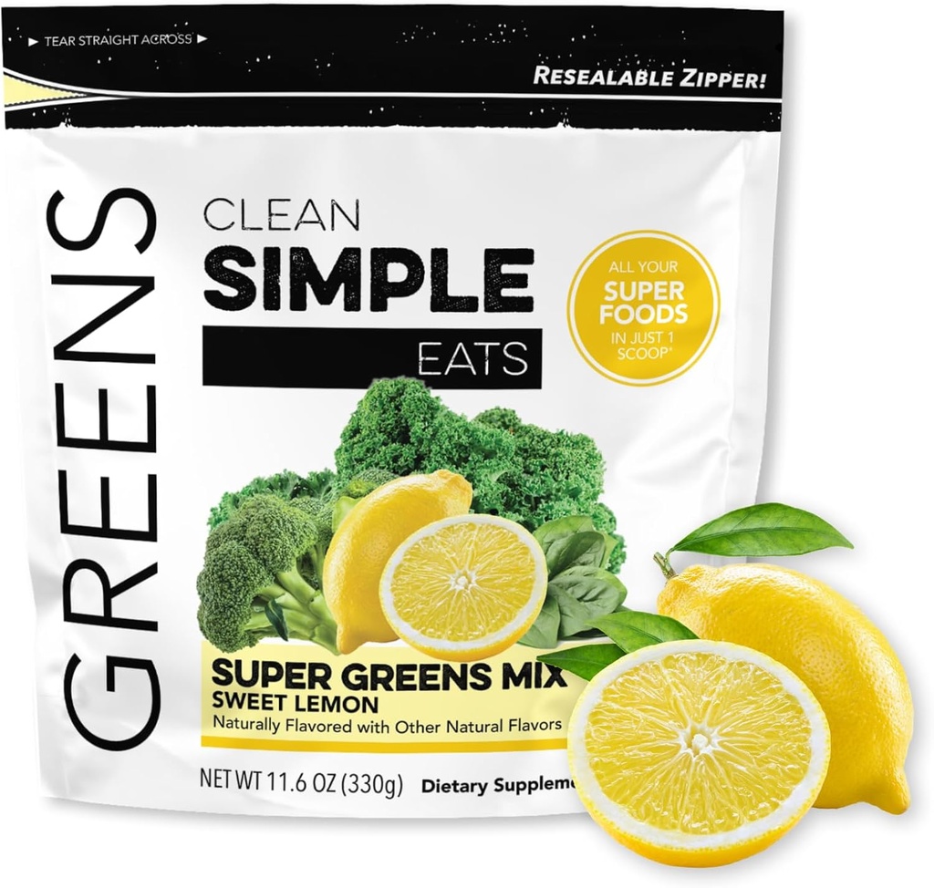 Temiz Basit Yemekler Super Greens Toz, Doğal olarak Chlorella, Spirulina, Superfoods & Prebiyotik Fiber, No Yapay Malzemeler, Gluten Free, Sweet Lemon Flavor, 30 Hizmetler