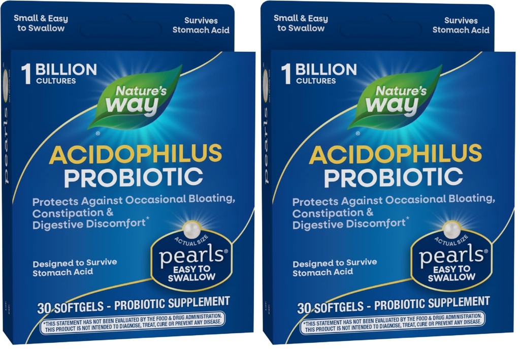 Nature's Way Acidophilus Probiotic Pearls,Supports Digestive Balance & Gut Health,Reduce Occasional Constipation and Bloating*,1 Billion Cultures,30 Softgels,(Pack of 2)