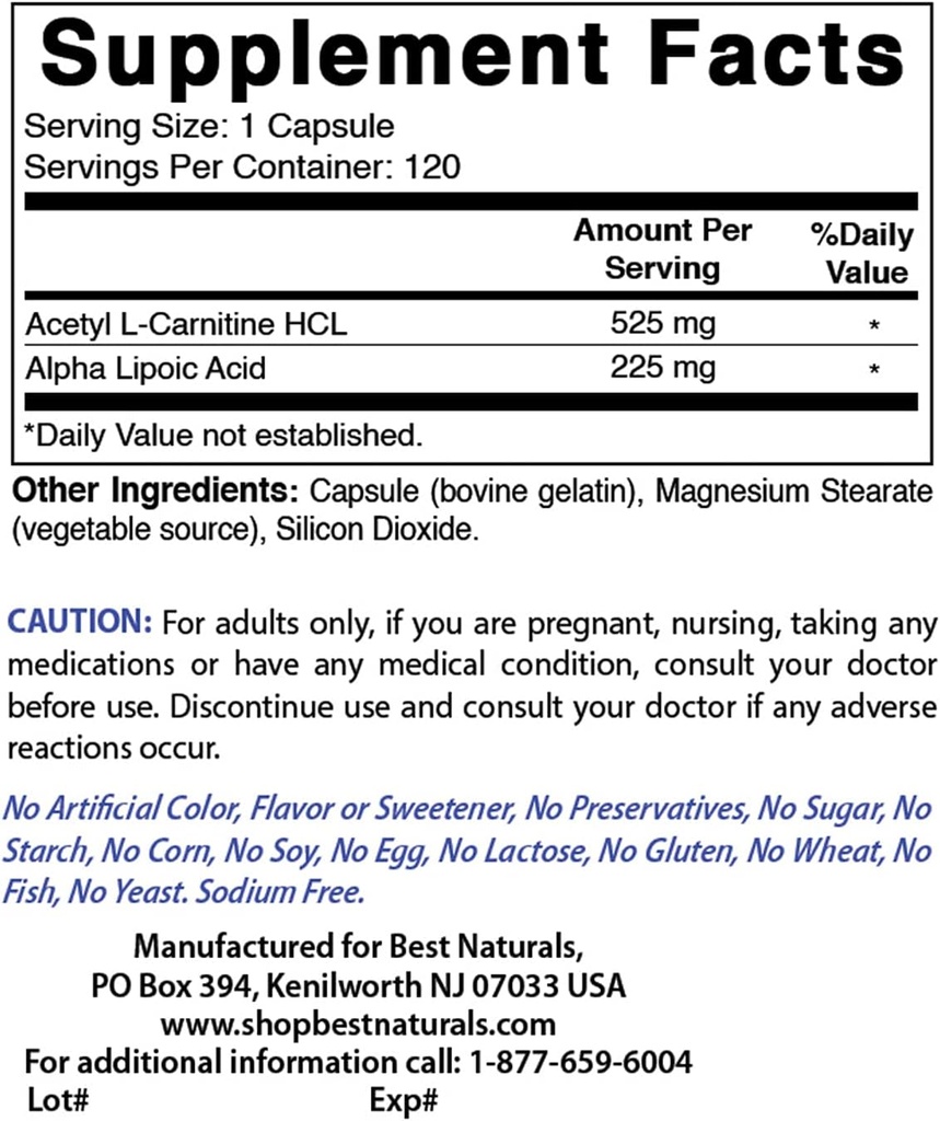 Best Naturals Acetyl L-Carnitine and Alpha Lipoic Acid 750 mg & Zinc Gluconate 50mg
