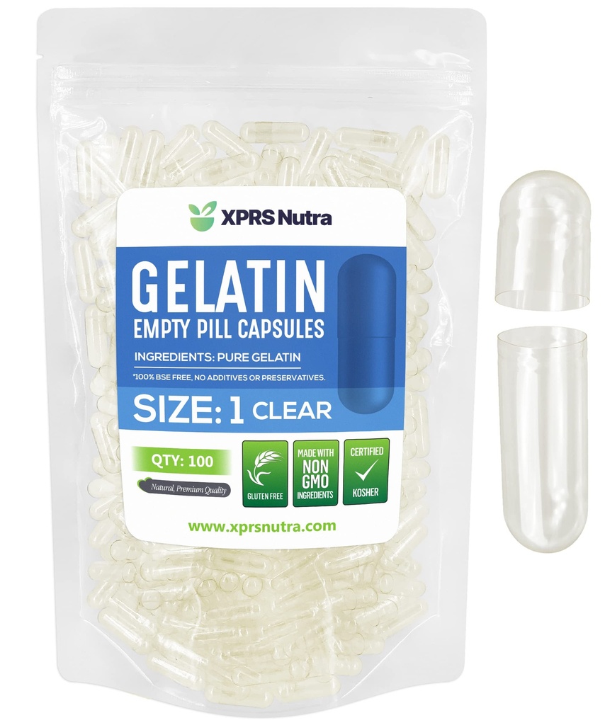XPRS Nutra Boyutu 1 Boş Kapsüller - 100 Kont Clear Boş Gelatin Capsules - Boş Pill Capsules - DIY Capsule Filling - Tamamlanabilir Pure Bovine Pill Capsules Boş Gel Caps Pills
