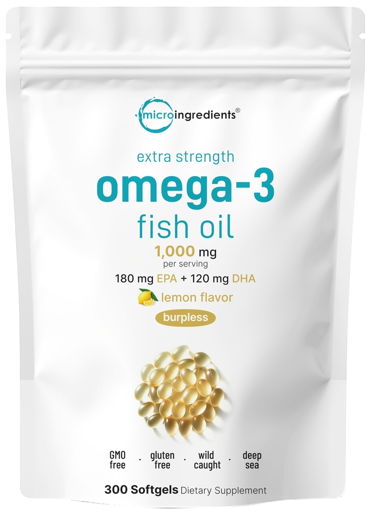 Mikro Malzemeler Ekstra Kuvvetli Omega 3 Balık Yağı 1000 mg Odada, 300 Softgels | Lemon Flavored | Burpless | EPA 180 mg + DHA 120mg | Deep Sea Fish Oil Supplements 1000mg