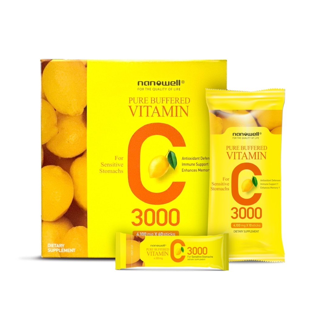 NANOWELL Pure Buffered Vitamin C Powder, 2,000mg Active Vitamin C per Serving, Non-Acidic Immune Support Supplement - 60 Sticks, 2-Month Supply