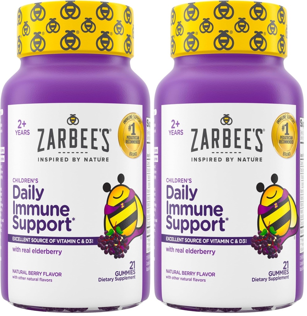 Zarbee's Elderberry Gummies for Kids with Vitamin C; Zinc & Elderberry; Daily Childrens Immune Support Vitamins Gummy for Children Ages 2 and Up; Natural Berry Flavor;,21 Count (Pack of 2)