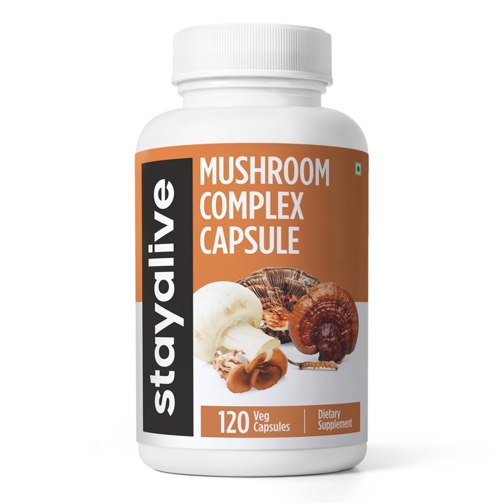 STAY ALIVE Mushroom Kompleks 1000 mg, 6in-1 Mushroom Supplement w/Lions Mane, Reishi, Chaga, Cordyceps, Maitake ve Türkiye Tail Extract Toz, 120 Pil Veganls, Non-GMO & Gluten Free Herbal Capsules