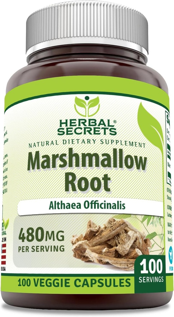 Herbal Sırları Marshmallow Ekstra | 480 Mg | 100 Veggie Capsules | Non-GMO | Gluten Free | Made in USA
