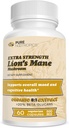 Pure Nootropics - Organik Lion's Mane 8:1 Mushroom 500 mg | Dual Extract | 60 Vejetaryen Caps | >20% beta-glucans | Hericium erinaceus | Brain Health