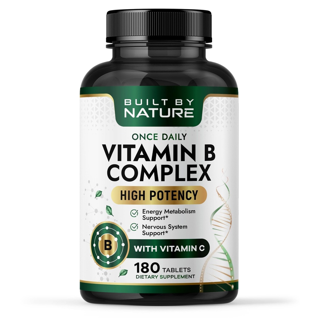 Built by Nature Vitamin B Complex – Super B Complex Vitamins for Women & Men – Energy, Stress & Immune Support – High Potency B Vitamins Complex with B12 – 180 Tablets
