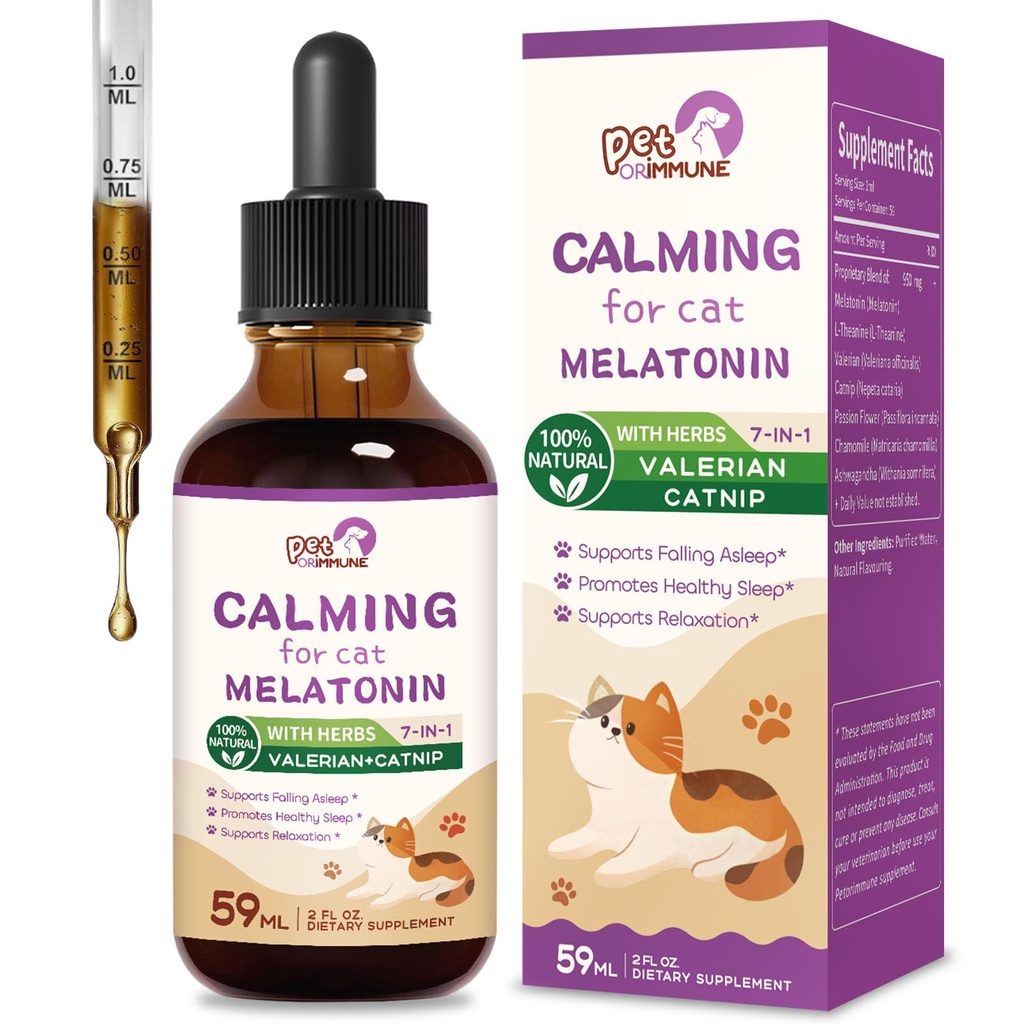 Cat Melatonin Natural Calming Drops, Support Falling Asleep & Health Sleep, Herbal Extract Relaxation Supplement with L-Theanine, Valerian, Catnip, Passion Flower and Chamomile.