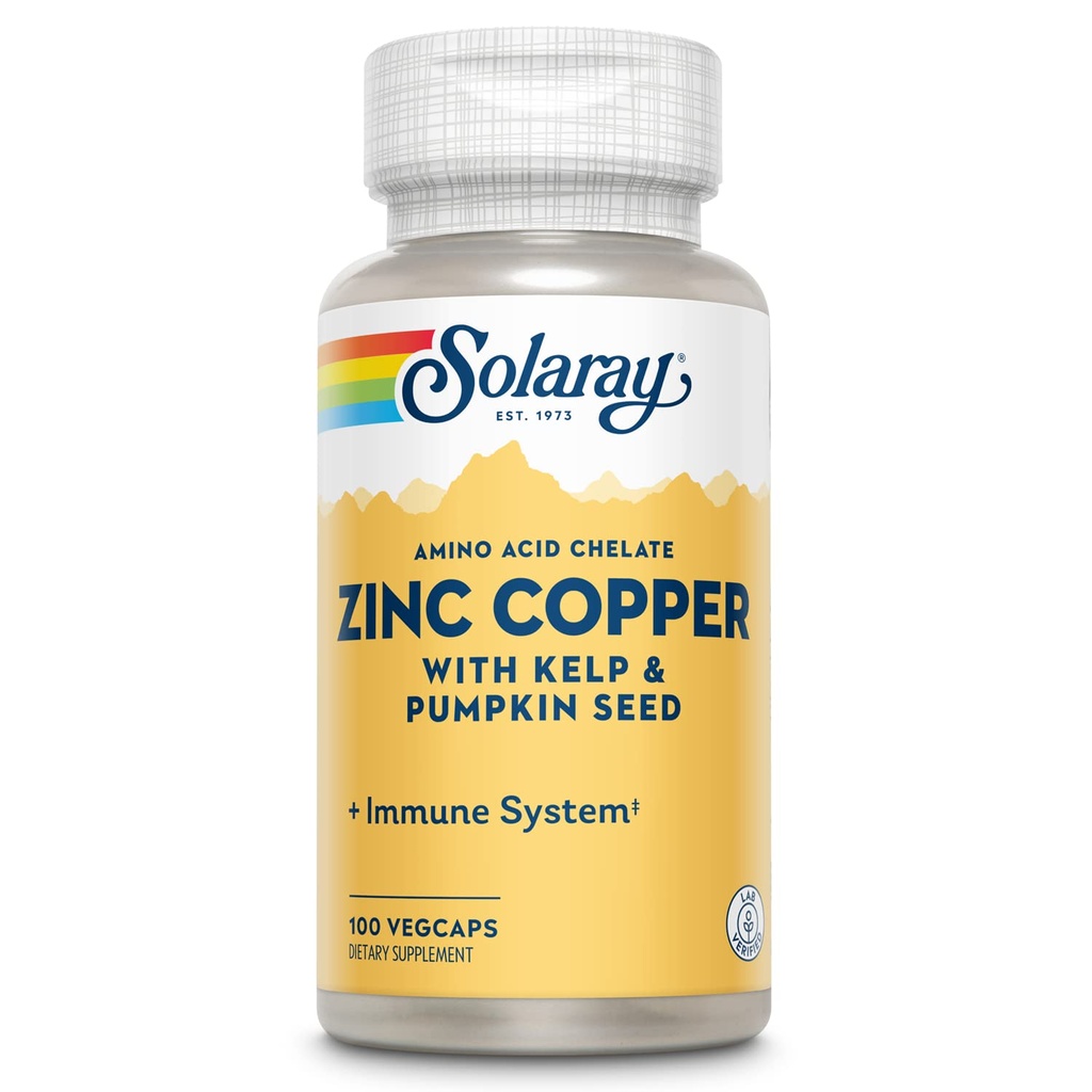 SOLARAY çinko Copper Amino Asit Chelate - Immune Support Supplement w/Chelated çinko 50 mg - Bone, Skin, Heart Health and Thyroid Support - Iodine from Kelp, 60-Day Guarantee, 100 Serv, 100 VegCaps