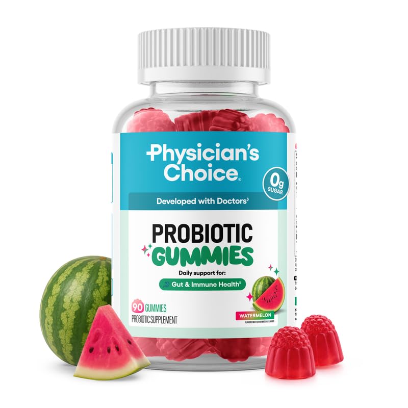 Physician's CHOICE Probiotic Gummies with Vitamin D & Prebiotic Fiber - Sugar Free - 1B CFUs of Clinically Studied Probiotic - Supports Immune & Gut Health for Women & Men - Watermelon Flavor - 90CT