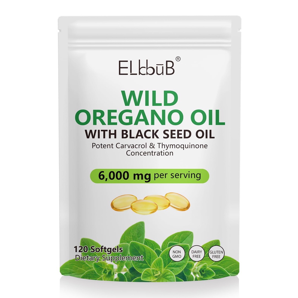 ELBBUB Oil of Oregano with Black Seed Oil - 6000mg Oregano Oil + 200mg Black Seed Oil per Serving, High Carvacrol, Non-GMO, Gluten Free, Easy to Swallow Softgels, 120 Count