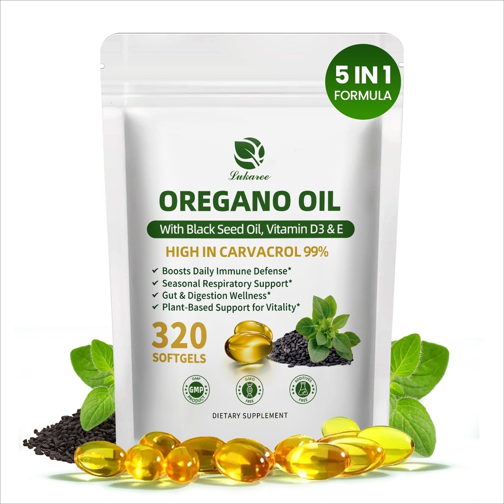5-IN-1 Oil of Oregano with Black Seed Oil, 99% Carvacrol | Thymoquinone 320 Count Organic Oregano Oil Capsules , Vitamin D3/E/Black Pepper for Absorption, Supports Immune/Gut/Respiratory, Non-GMO