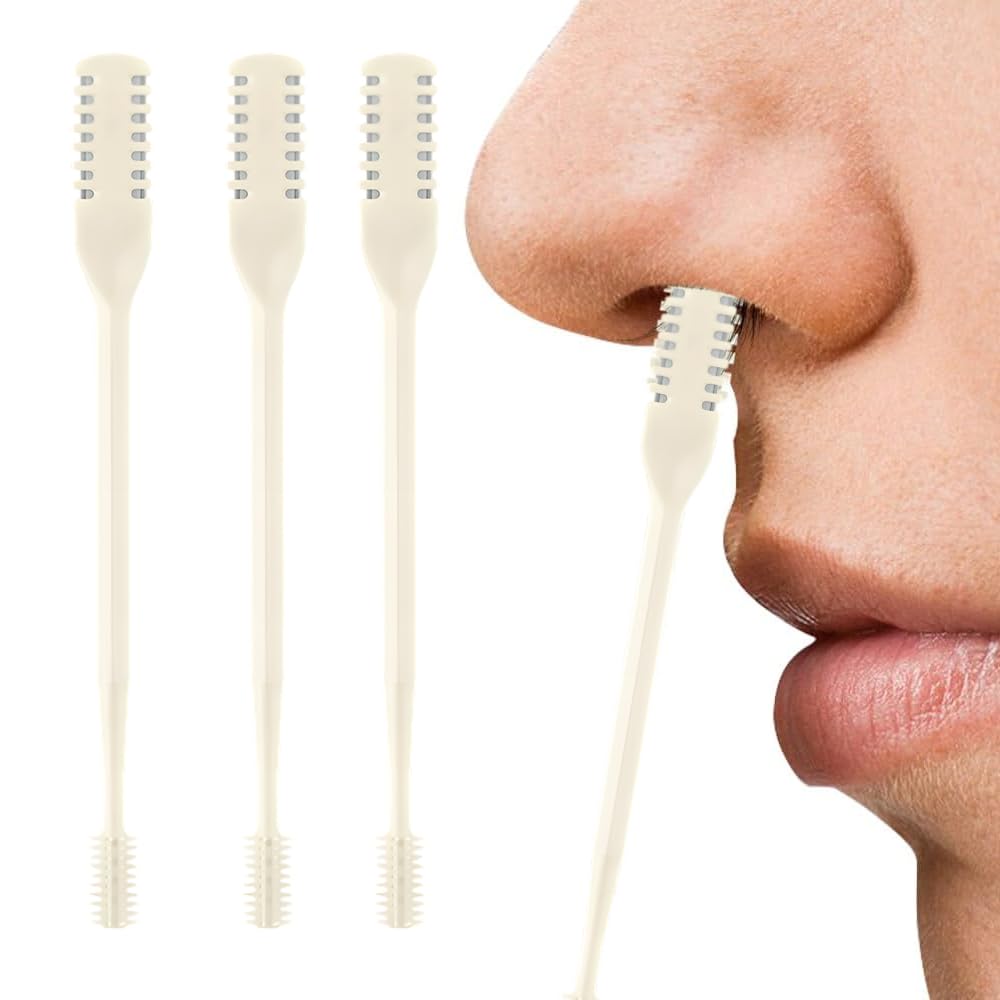 AprYew 2-in-1 Nasal Hair Cutter, Nose Hair Trimmer for Men Women, 360° Rotating Portable Manual Nose Hair Remover Tool with Ear Picker, Double Sided Noses Hairs Knife Travel Essentials (Beige, 3PC)