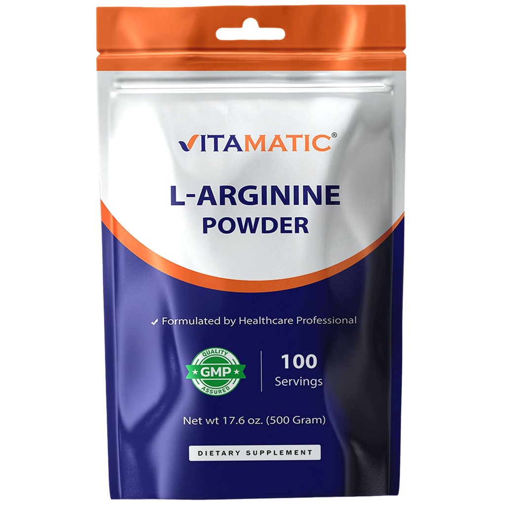 Vitamatic L-Arginine Pure Toz 500 Gram | Unflavored | Non GMO | Gluten Free | No Katkılar | 5000 mg Per | 100 Hizmet