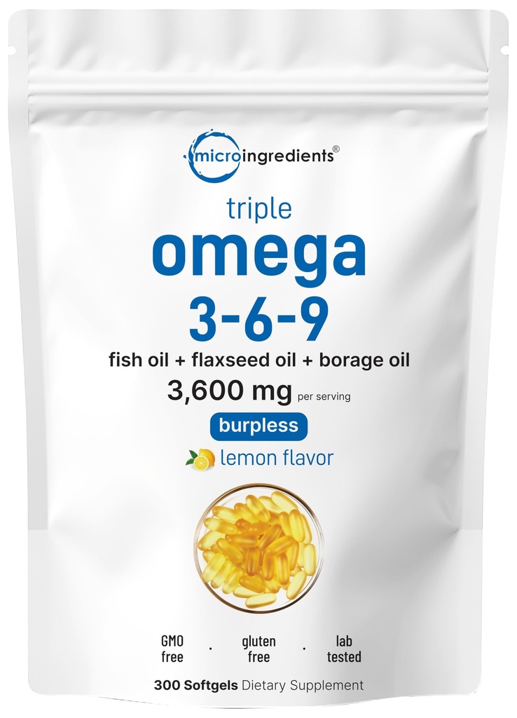 Ultra Omega 3-6-9 3600 mg Oda başına, 300 Burpless Softgels | Lemon Flavor – Fish, Flaxseed, Borage Oils | Bio available Source, Non-GMO, No Gluten, Mercury Free Softgels | Lemon Flavor – Fish, Flaxseed, Borage Oils | Bio available Source, Non-GMO, No Gluten, Mercury Free Softgels |