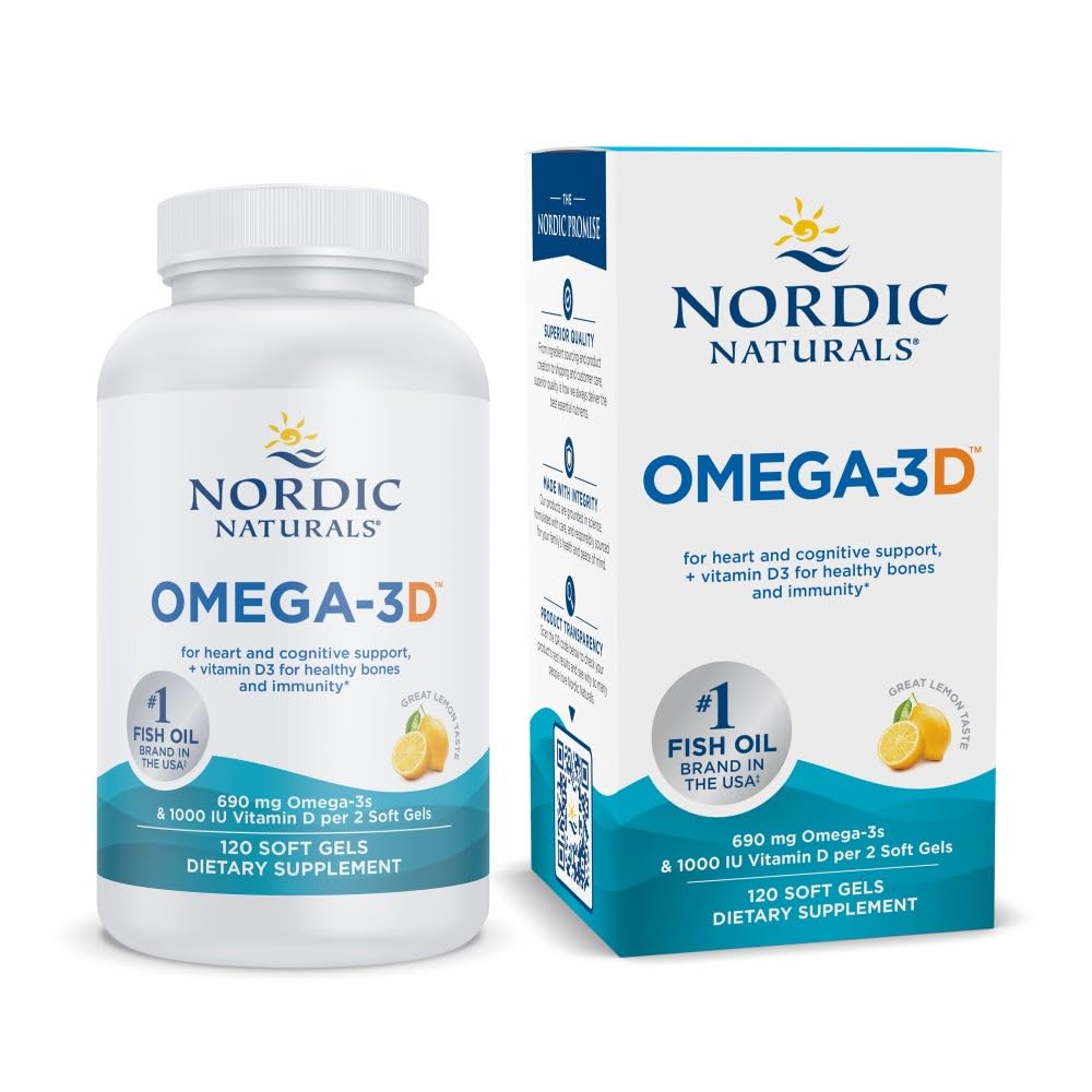 Nordic Naturals Omega-3D, Lemon Flavor - 120 Soft Gels - 690 mg Omega-3 + 1000 IU Vitamin D3 - Fish Oil - EPA & DHA - Immune Support, Brain & Heart Health, sağlıklı Bones - Non-GMO - 60 Hizmetler