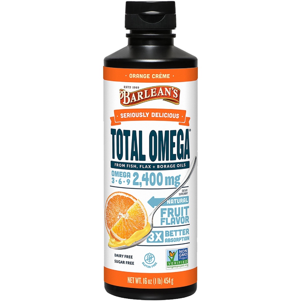 Barlean'ın Total Omega 3 6 9 Sıvı Fish Oil Supplement with Borage and Flaxseed Oil, Orange Crème, 2400 mg of EPA, DHA ve GLAty Acids, 16 ozzz