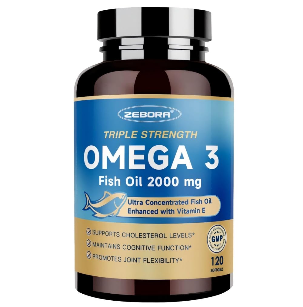 ZEBORA Triple Strength Omega-3 Fish Oil 2000mg – rTG Omega 3 Ultra Yüksek Lisans – Kalp, Beyin, Göz, Skin & Immune Health – Fatty Acids EPA, DHA & DPA, 120 Softgels
