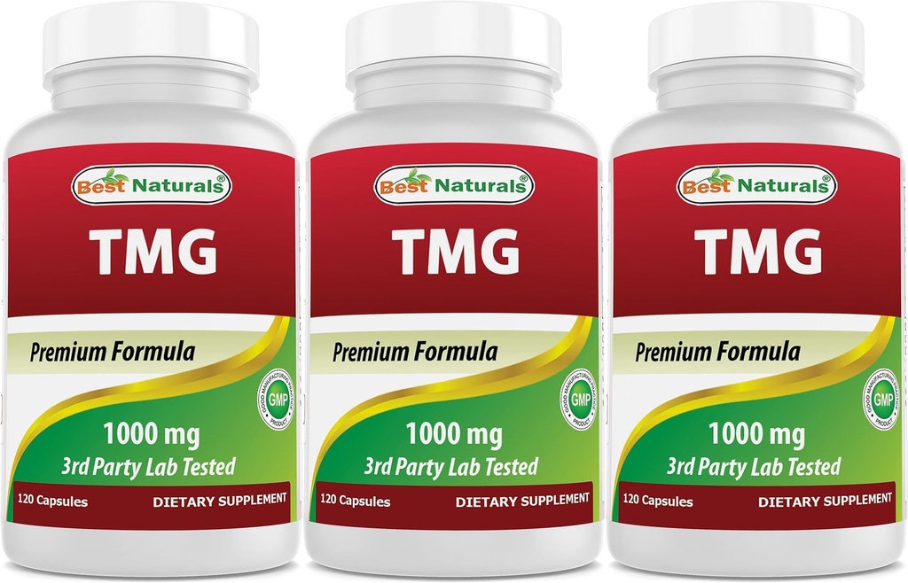 Best Naturals TMG Trimethylglycine (as Betaine Anhydrous) 1000 mg Serving - 120 Capsules - Healthy Homocysteine Levels & Methylation Support (120 Count (Pack of 3))
