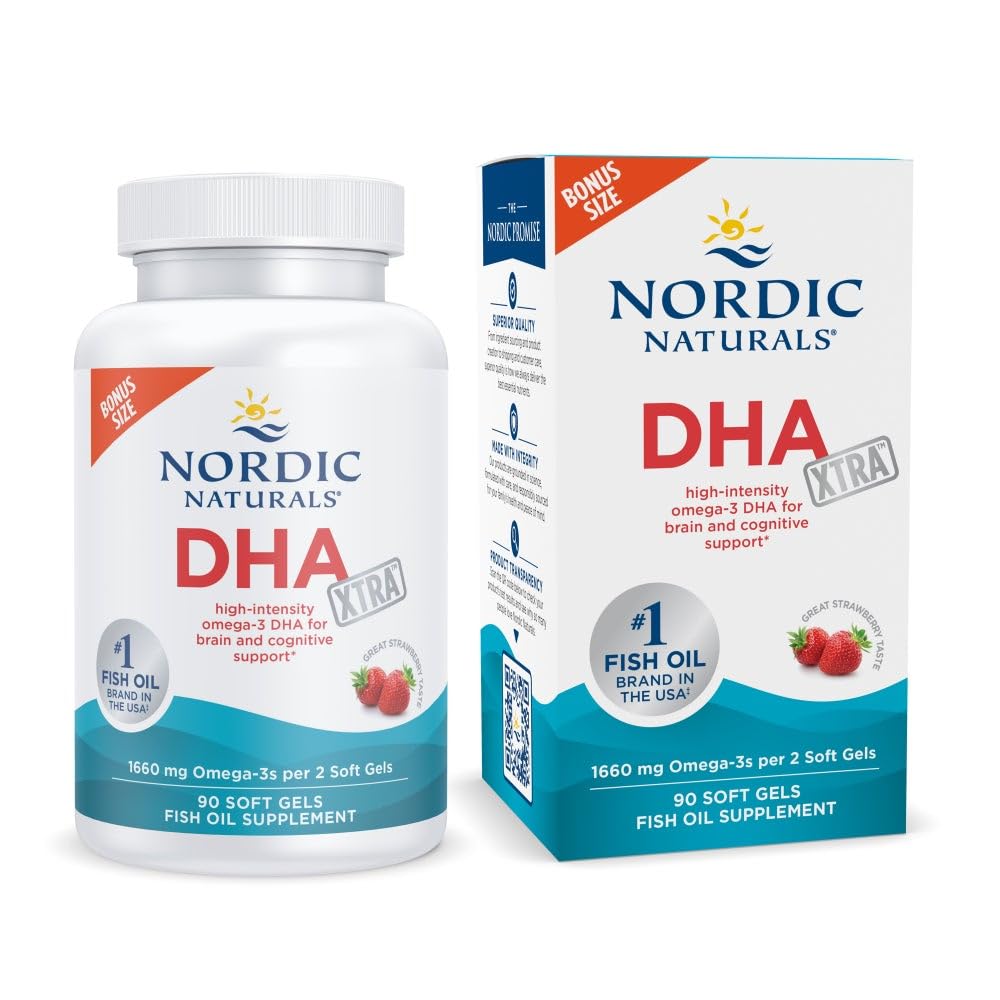 Kuzey Naturals DHA Xtra, Strawberry - 90 Soft Gels - 1660 mg Omega-3 - Beyin ve Nervous Sistem Desteği için Yüksek Lisans DHA Formula - Non-GMO - 45 Hizmet