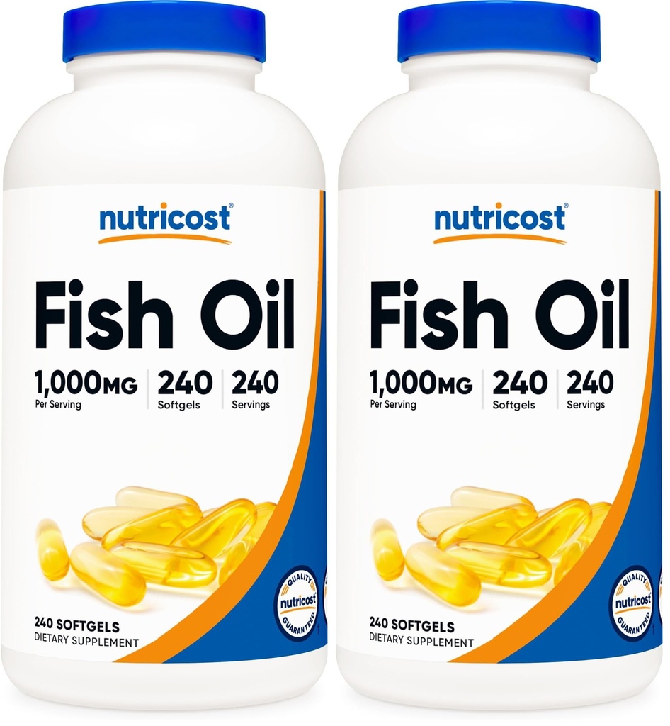 Nutricost Fish Oil Omega 3 Softgels with EPA & DHA (1000 mg of Fish Oil, 560 mg of Omega-3), 240 Softgels, Non-GMO, Gluten Free. (Pack of 2)