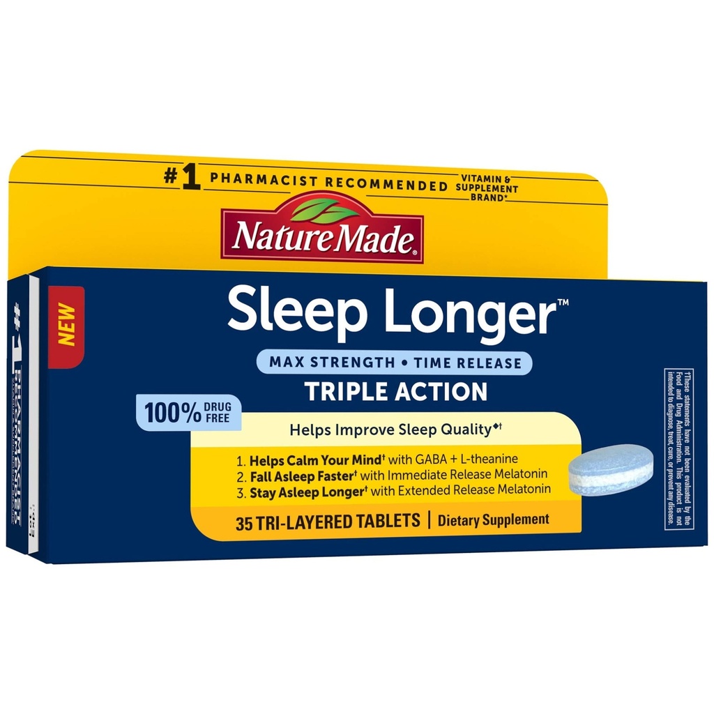 Nature Made Sleep Longer, Melatonin 10mg Time Release Tri-Layer Tabletleri, Uyku Kalitesini Geliştirir, Fall Asleep Faster, Stay Asleep Longer, L-Theanine ve GABA, Mind Calm'a yardımcı olmak için, 35 Tablet