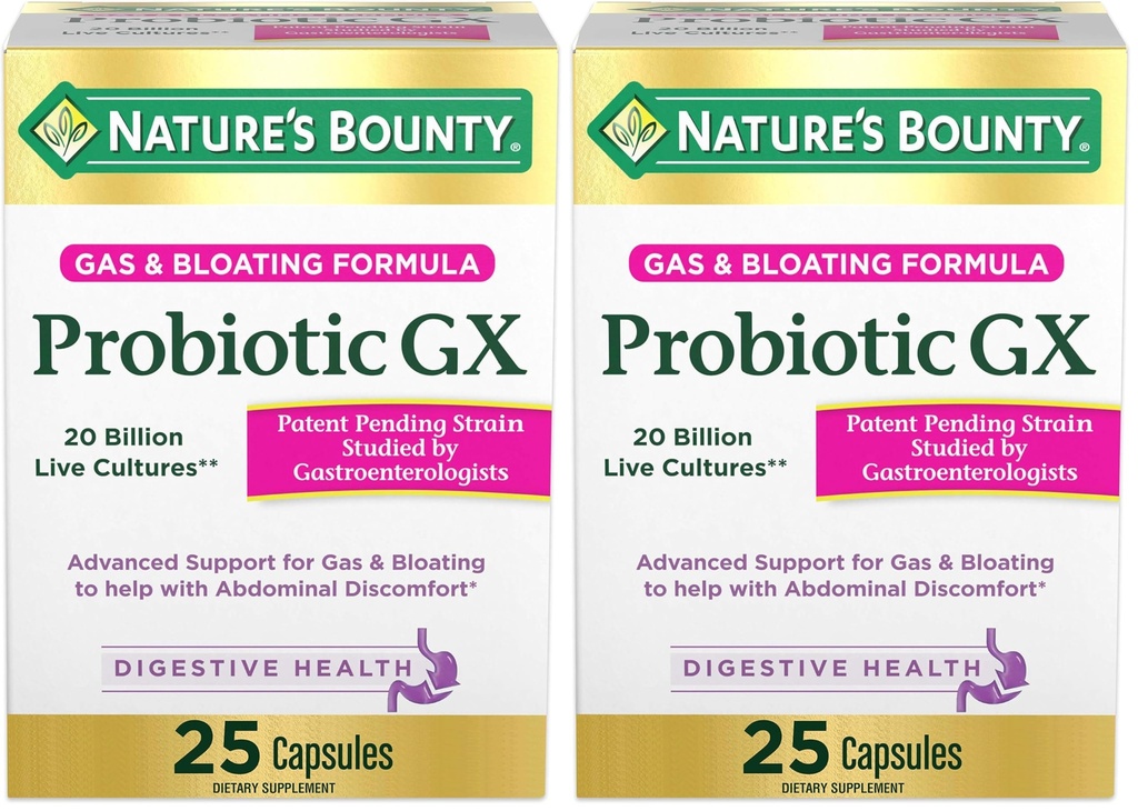 Nature's Bounty Probiyotik GX, Occasional Gas ve Bloating, Diyeter Supplement, Digestive Health, 25 Capsules (Pack of 2) ile yardımcı olur.