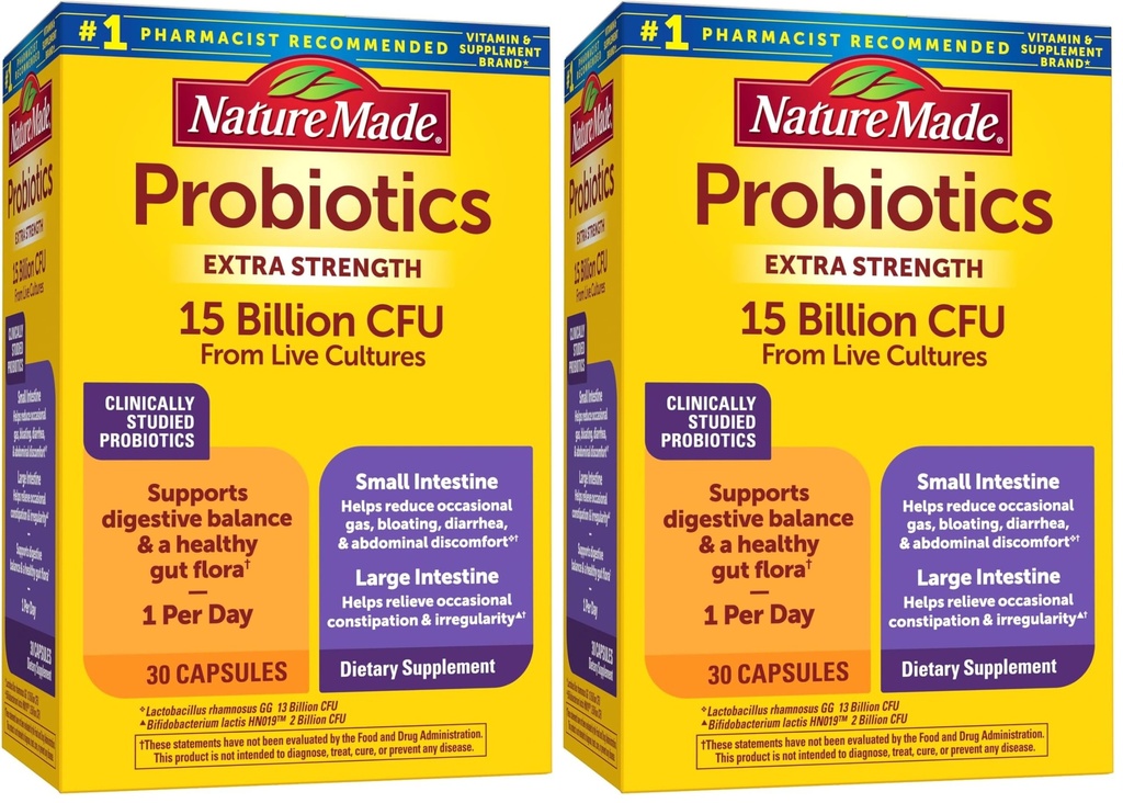 Nature Made Probiyotiks for Digestive Health Ekstra Strength 15 Milyar CFU from Live Cultures,Probiyotikler for Women and Men,30 Probiyotik Capsules,30 Day Supply, (Pack of 2)
