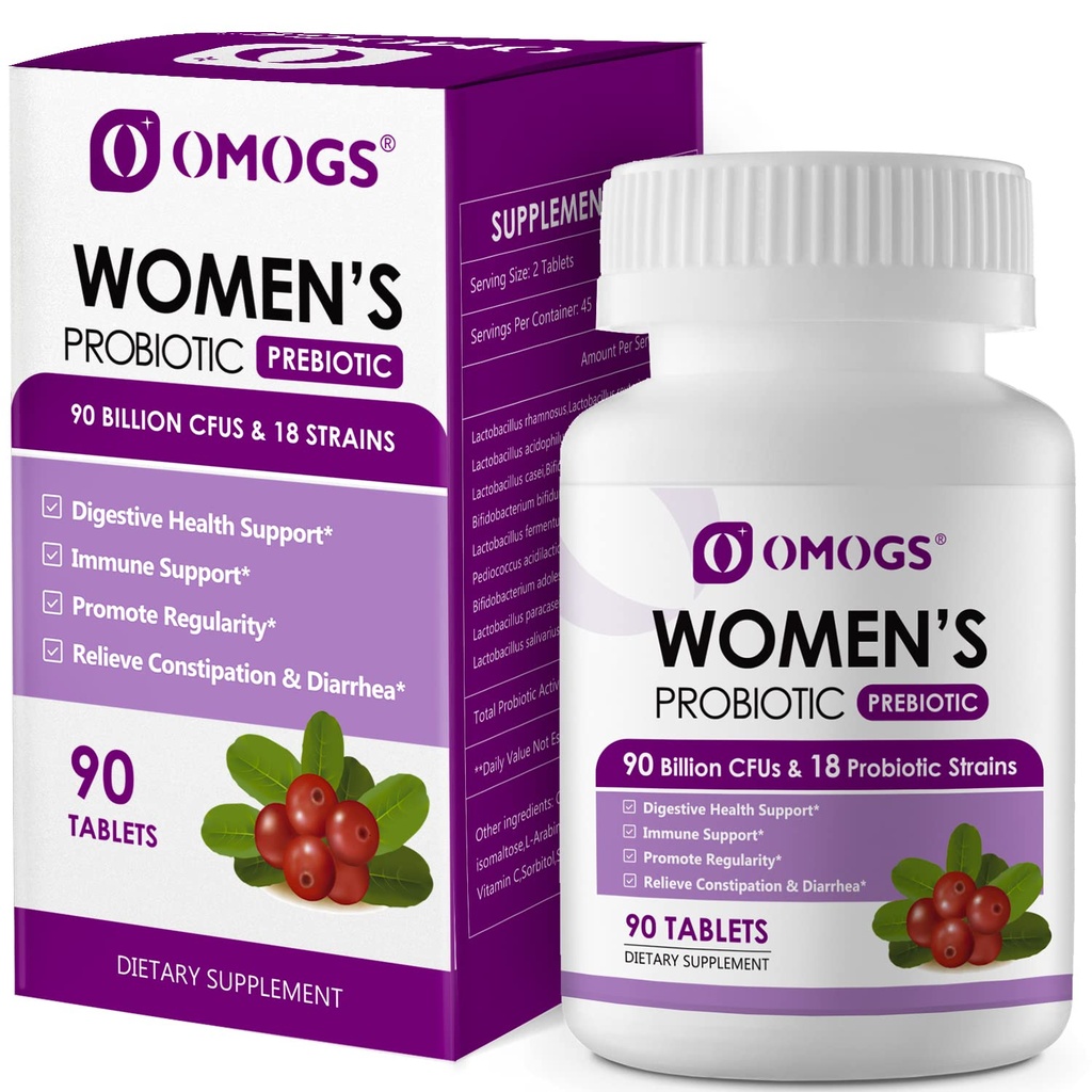 OMOGS Women's Probiyotik, Cranberry Extract, Organic Prebiyotiks & Vitamin C, 90 Milyar CFUs,18 Strains, Immune, Digestive, Gut Health & Women's Health, Gluten & Soy Free,90 Tabletler ve C, 90 Milyar CFUs,18 Strains, Help for Boost Immune, Digestive, Gut Health, Gluten & Soy Free,90 Tabletler