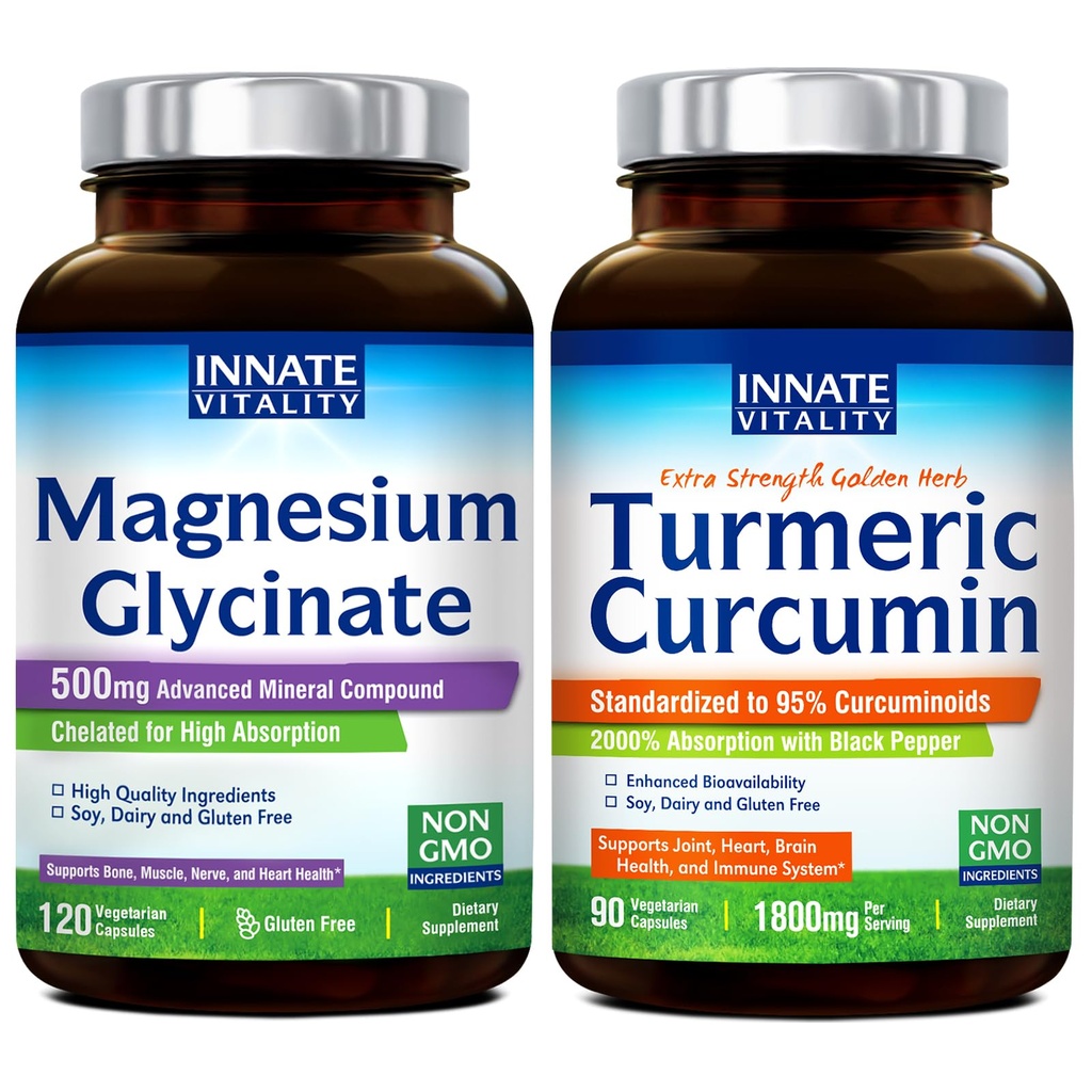 Innate Vitality Magnezyum Glycinate & Turmeric Sche, High Abors, Ortak, Kas & Nerve Health, Black Pepper Extract, Sche & Save, 120 Capsules & 90 Capsule