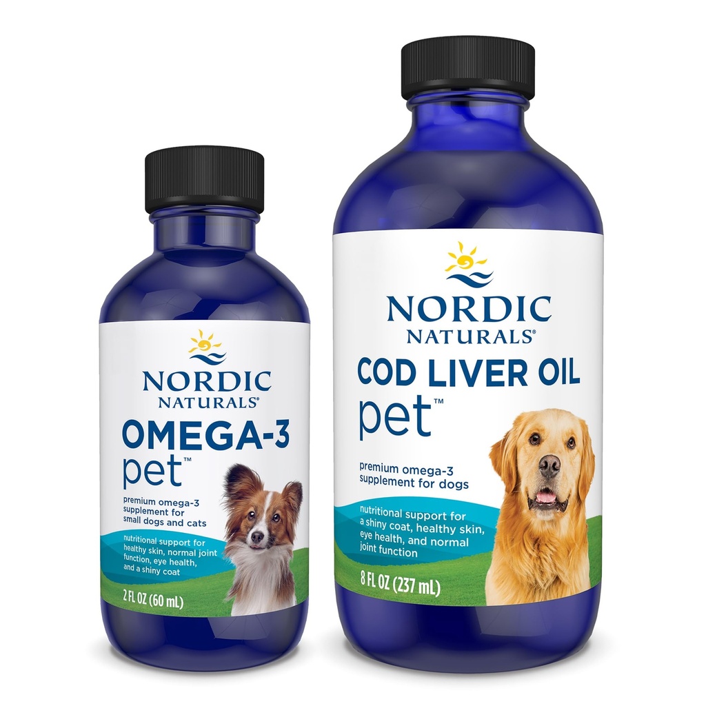 Nordic Naturals Omega-3 Pet Bundle - 2 oz Omega-3 Fish Oil for Small Dogs & Cats, 8 oz Pet Cod Liver Oil Promotes Heart, Skin, Coat, & Immune Health