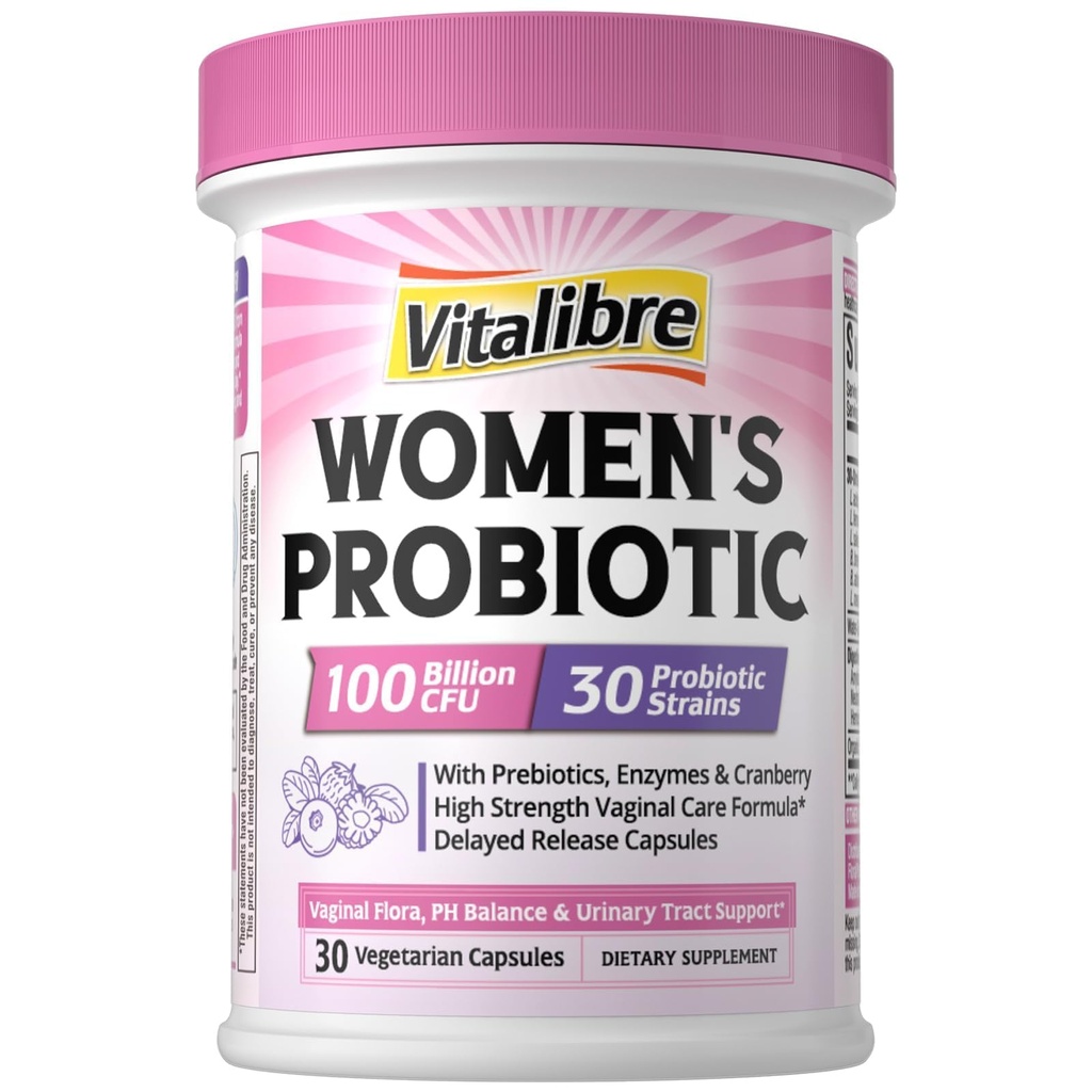 Vitalibre Probiyotiks for Women 30 Strains, 100 Milyar CFU Vaginal Probiyotiks with Digestive Enzymes, Prebiyotiks & Cranberry for Urinary Tract Health, PH Balance, 30 Veggie Capsules