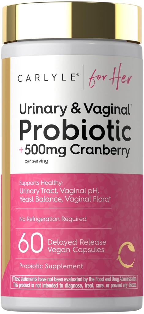 Carlyle Urinary and Vaginal Probiotic for Women | 60 Capsules | with Cranberry | Supports Healthy Urinary Tract, Vaginal pH, Yeast Balance, Vaginal Flora | Vegan, Non-GMO and Gluten Free | for Her