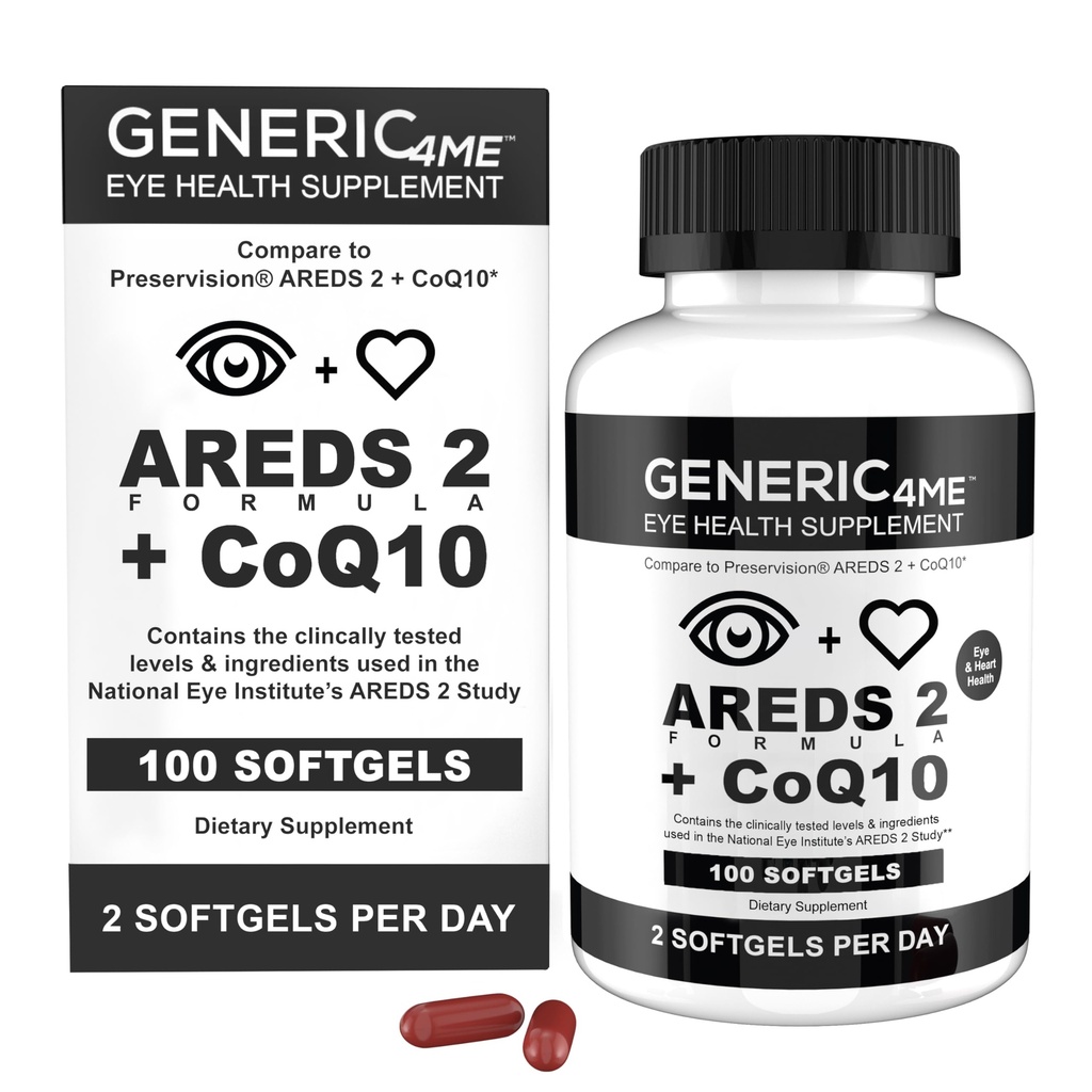 AREDS 2 SoftGels, 100 mg CoQ10 for Heart Health, 500 mg Vitamin C, 400 IU Vitamin E, 10 mg Lutein, 2 mg Zeaxanthin, 80 mg Zinc, 2 mg Copper - Supports Eye Health - 100 Mini SoftGels
