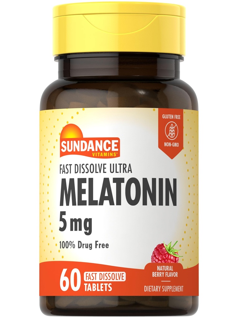 Sundance Melatonin 5 mg Hızlı Dissolve Tabletler | 60 Kont | Natural Berry Flavor | Vegetarian, Non-GMO ve Gluten Free Supplement Supplement