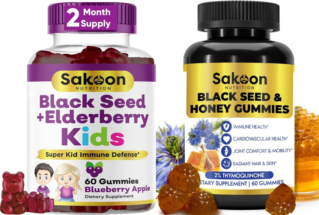 Sakoon Nutrition Black Seed Oil Gummies for Adults & Kids – Immune Support with Honey, Elderberry, Vitamin C, Zinc & 2%+ Thymoquinone – Antioxidant, Heart, Joint, Hair & Skin Health – 2 Pack (60 Each)
